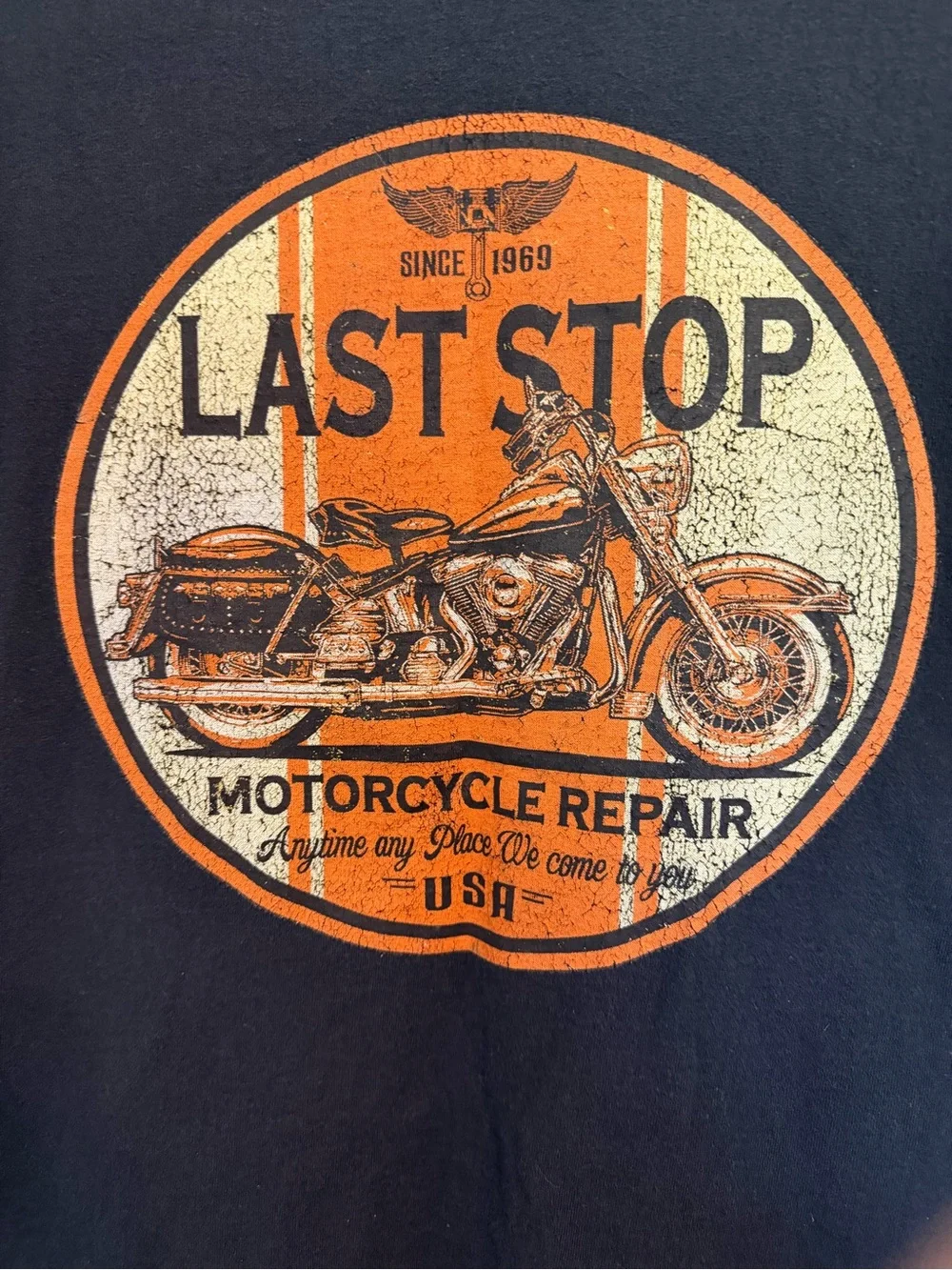 Last Stop Vintage Style Black Motorcycle Repair Graphic Tee 21 PTP, 28L - Picture 2 of 5
